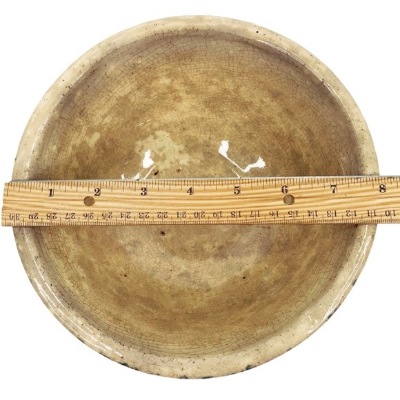 Antique Yellow Ware 8" Mixing Serving Bowl Green Spongeware Pottery Primitive - Picture 10 of 12
